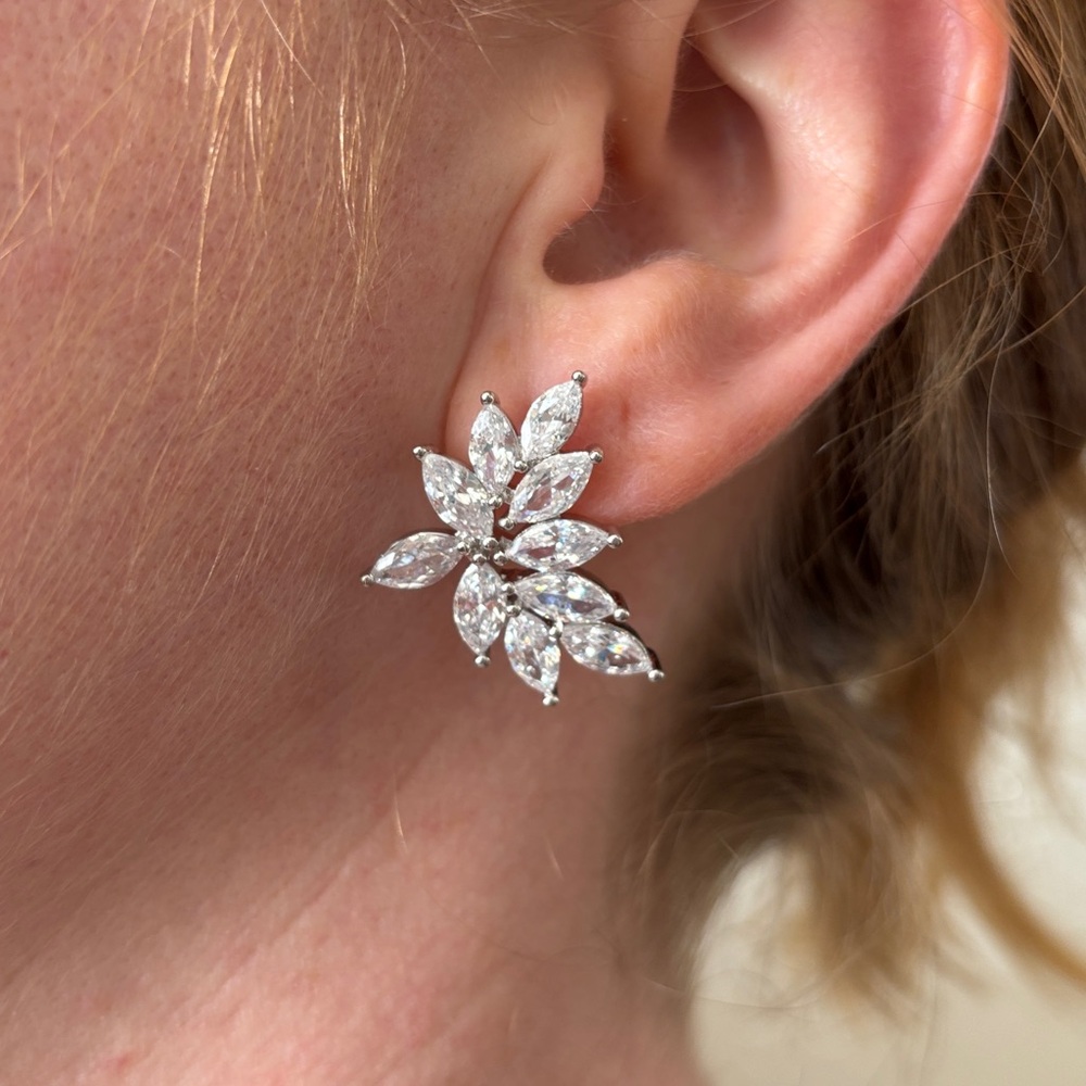 Sterling Silver Elegant Sparkling CZ Floral Earrings Wedding/Special Occasion - Picture 5 of 5